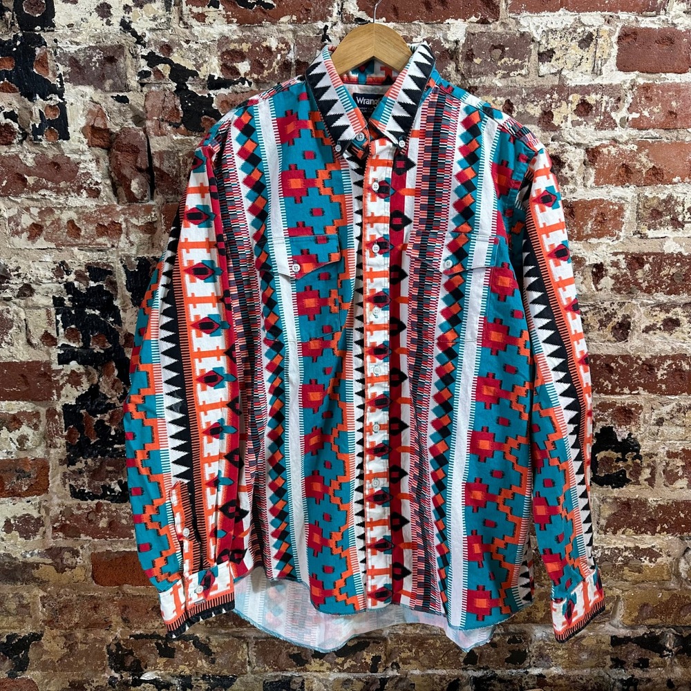 VTG Wrangler Western Aztec Shirt Mens 16.5x35 Pearl Snap Western Southwest Large